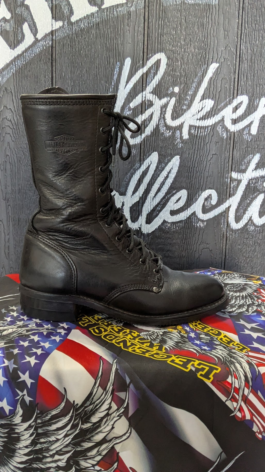 Vintage Harley-Davidson Black Leather Lace-Up Side-Zip Motorcycle Boots — Men's 9