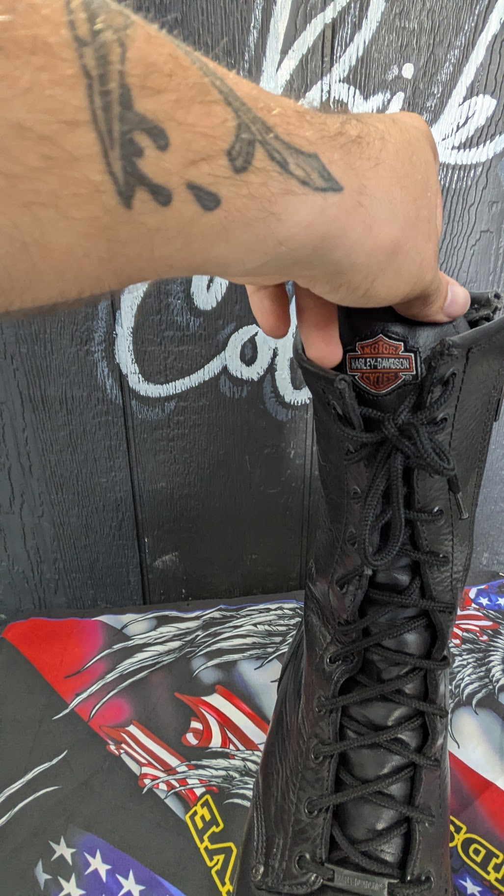 Vintage Harley-Davidson Black Leather Lace-Up Side-Zip Motorcycle Boots — Men's 9