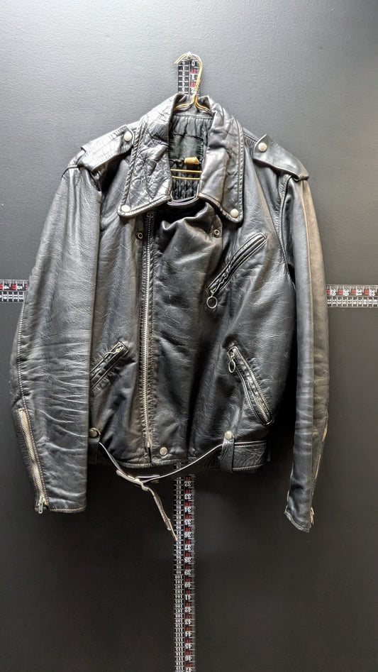 Vintage Black Leather Motorcycle Jacket – Quilted Lining & Waist Belt