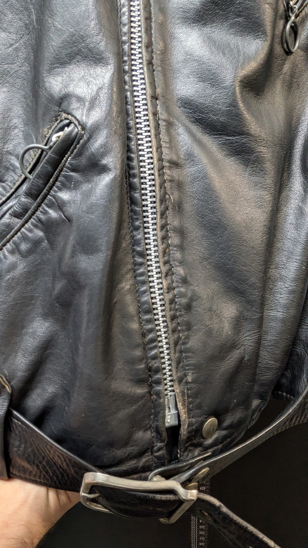 Vintage Black Leather Motorcycle Jacket – Quilted Lining & Waist Belt