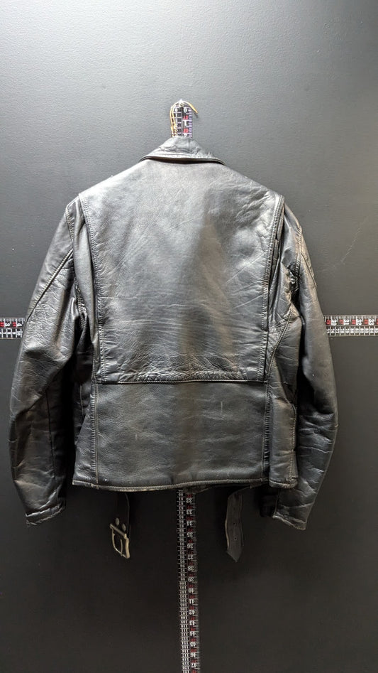 Vintage Black Leather Motorcycle Jacket – Quilted Lining & Waist Belt