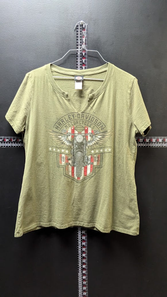 Harley-Davidson Women’s XL Olive Green Motorcycle Eagle T-Shirt Sundance Wyoming