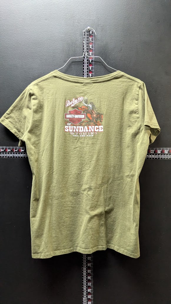 Harley-Davidson Women’s XL Olive Green Motorcycle Eagle T-Shirt Sundance Wyoming