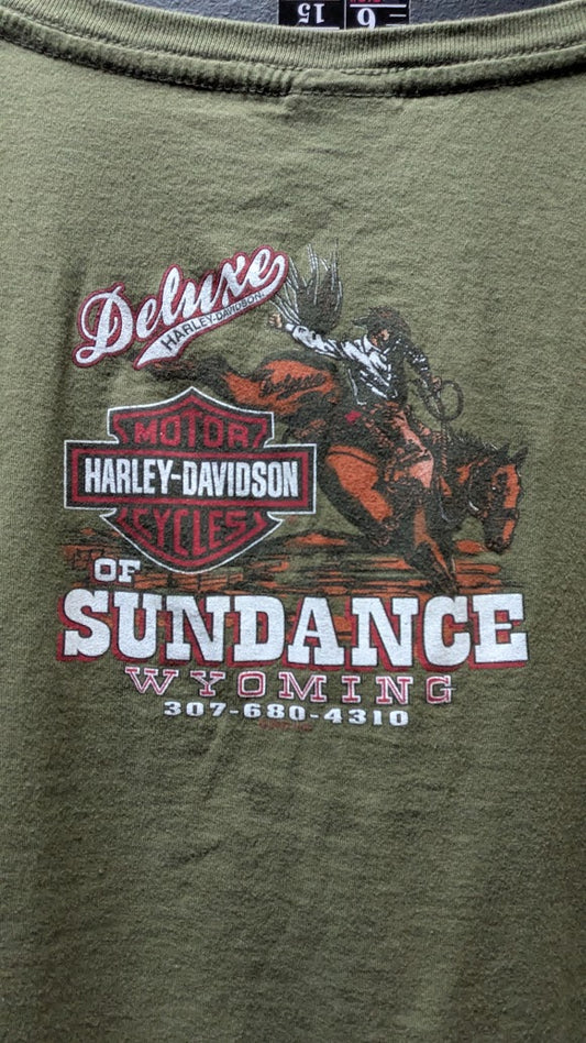 Harley-Davidson Women’s XL Olive Green Motorcycle Eagle T-Shirt Sundance Wyoming