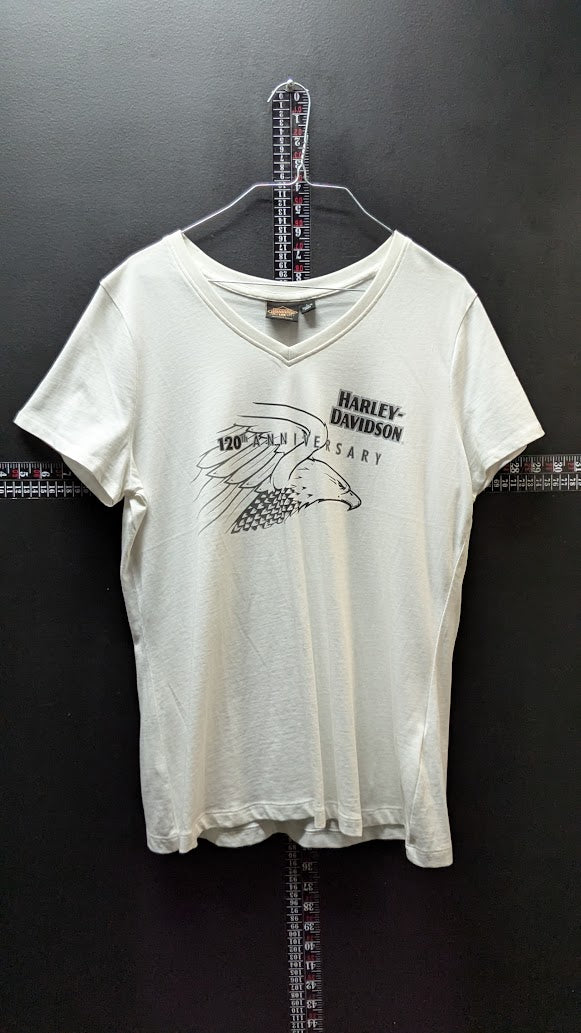 Harley-Davidson 120th Anniversary Women’s L White V-Neck T-Shirt Eagle 2023