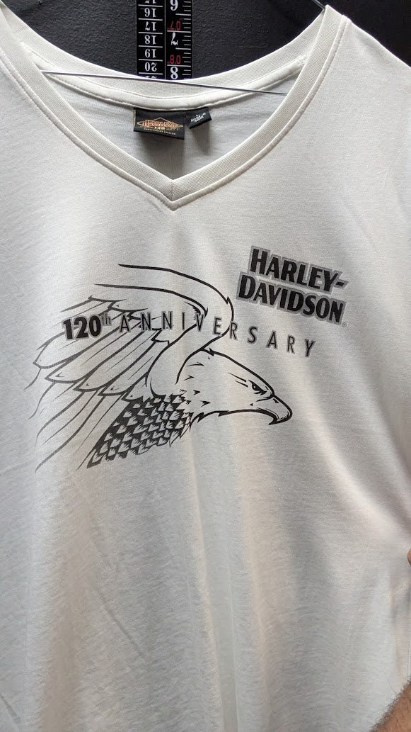 Harley-Davidson 120th Anniversary Women’s L White V-Neck T-Shirt Eagle 2023