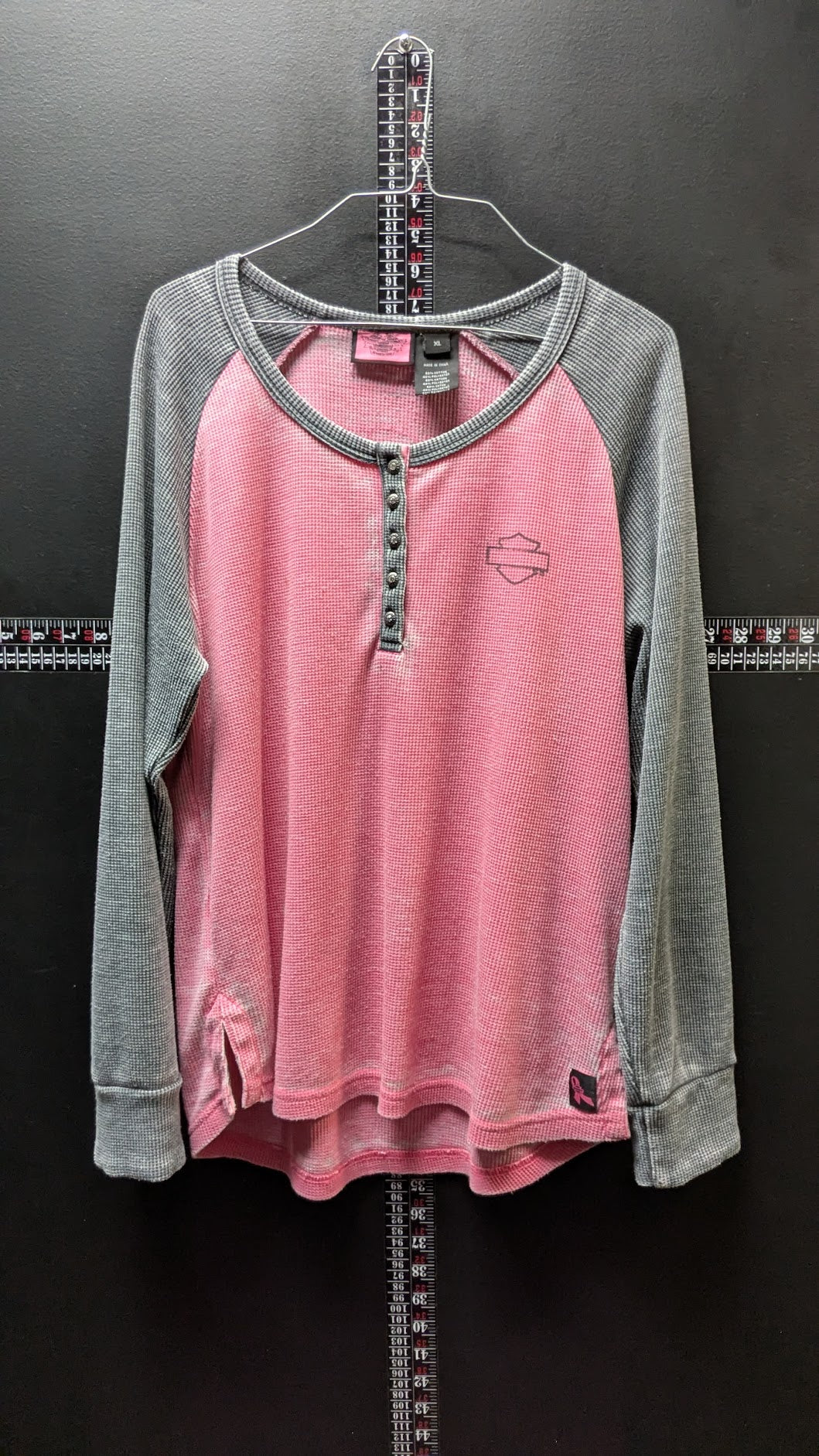 Harley Davidson Pink Gray Waffle Knit Henley Long Sleeve Shirt XL Womens Motorcycle