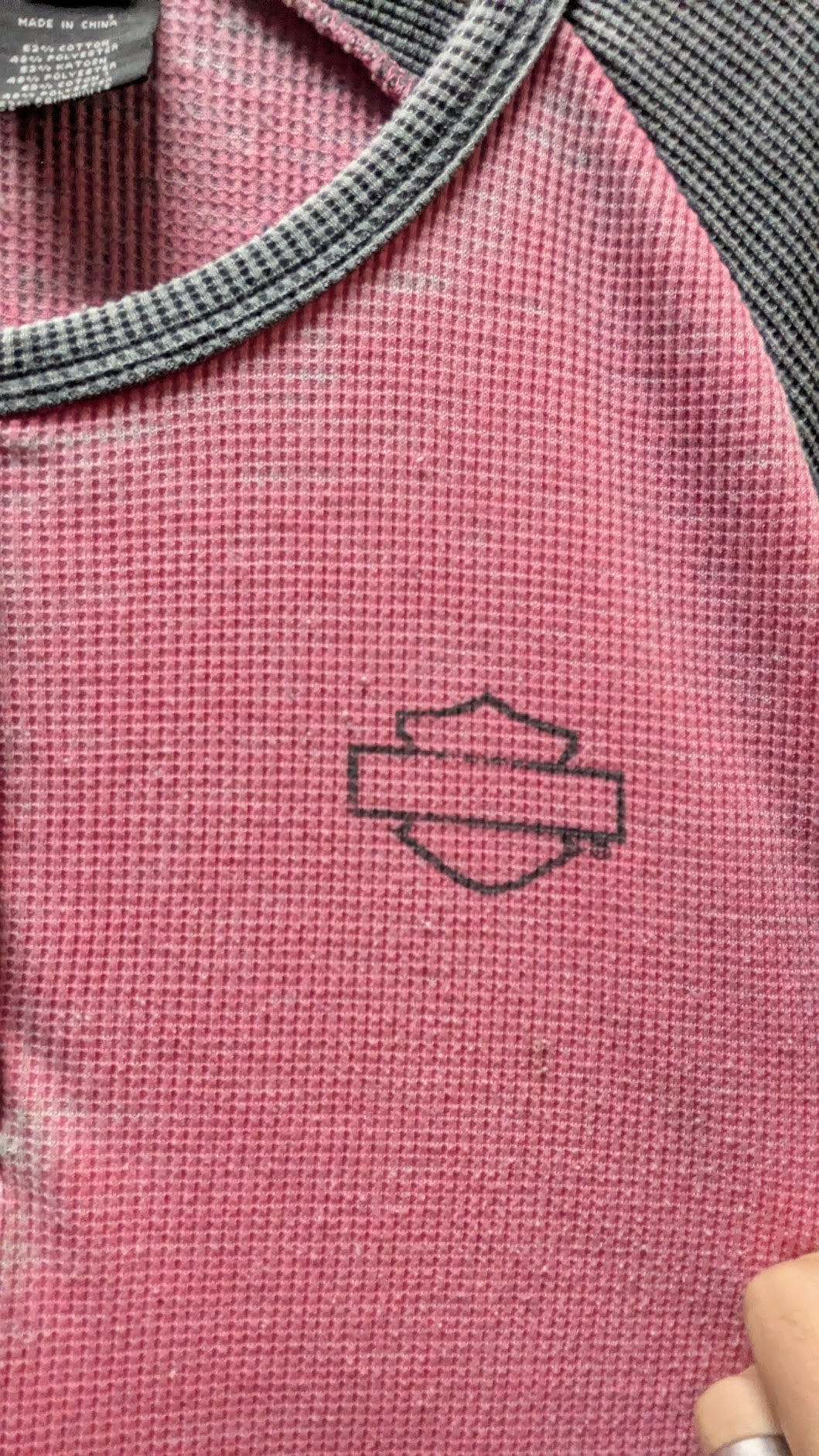 Harley Davidson Pink Gray Waffle Knit Henley Long Sleeve Shirt XL Womens Motorcycle