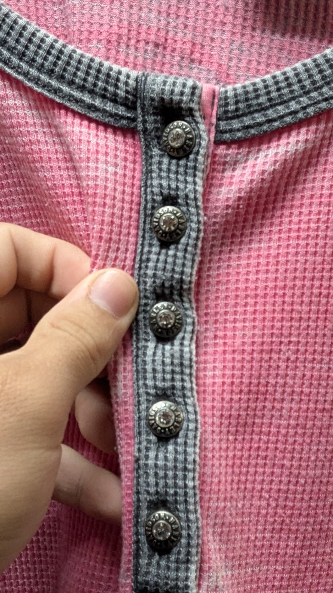 Harley Davidson Pink Gray Waffle Knit Henley Long Sleeve Shirt XL Womens Motorcycle