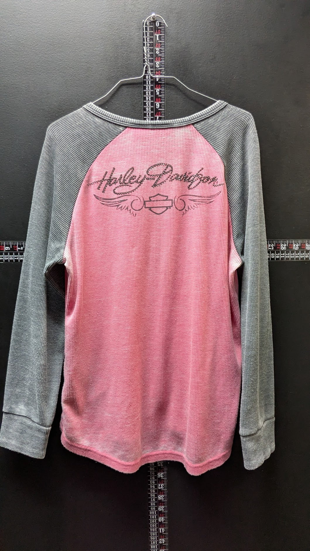 Harley Davidson Pink Gray Waffle Knit Henley Long Sleeve Shirt XL Womens Motorcycle