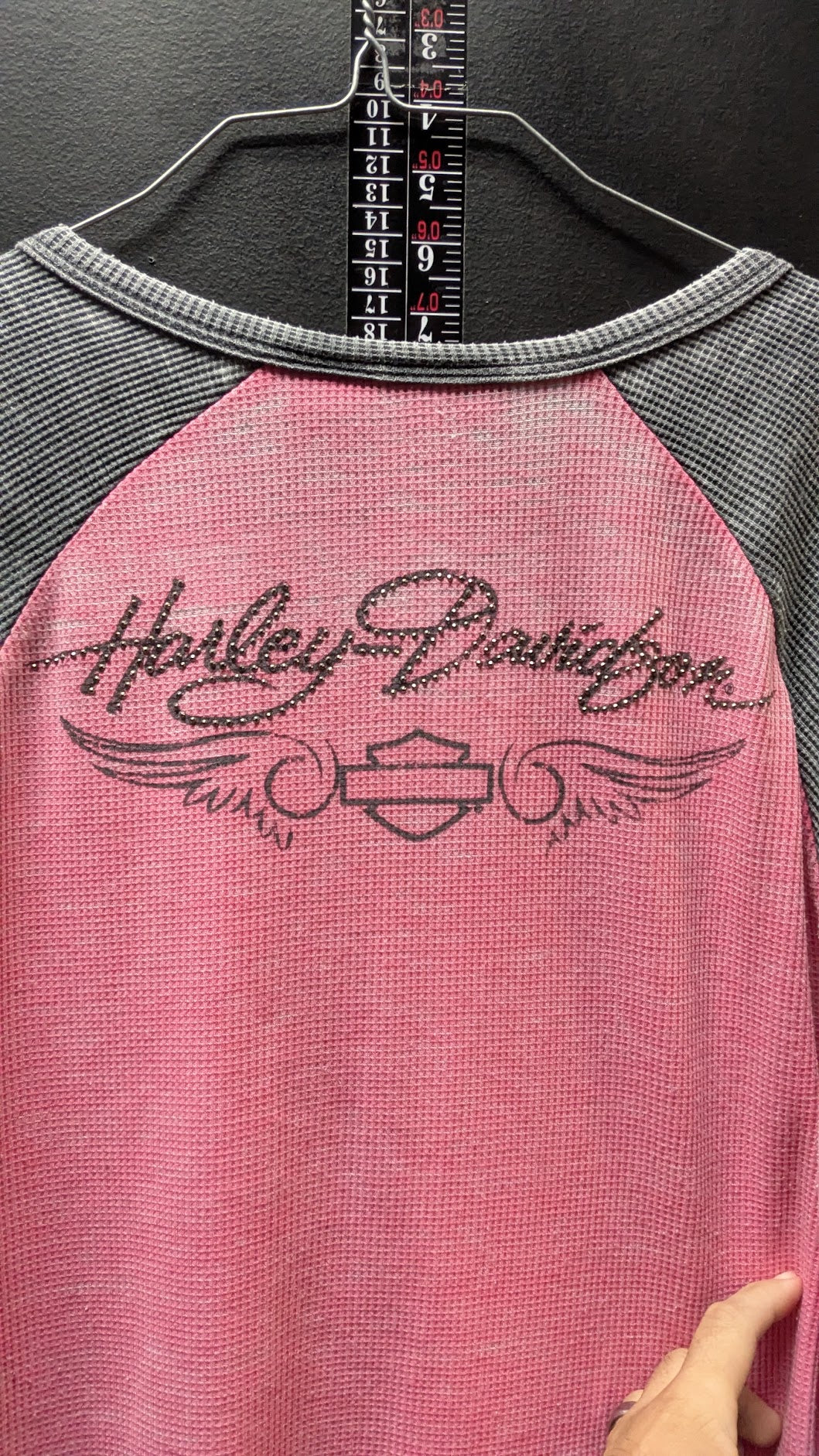 Harley Davidson Pink Gray Waffle Knit Henley Long Sleeve Shirt XL Womens Motorcycle