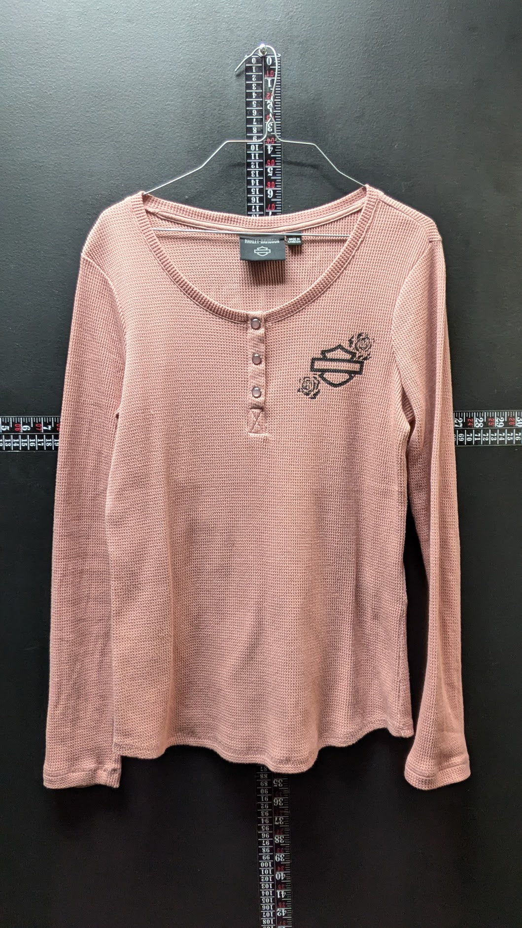 Harley Davidson Pink Waffle Knit Henley Long Sleeve Shirt Women's Medium Floral