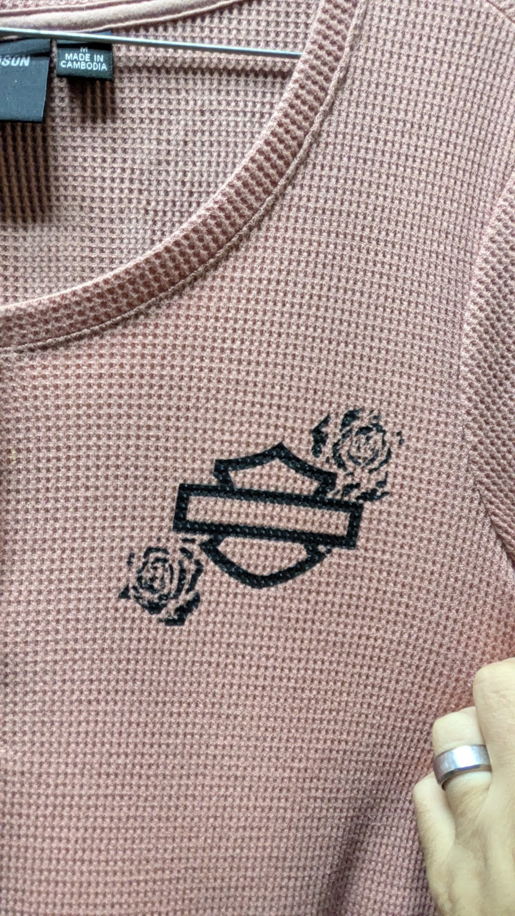 Harley Davidson Pink Waffle Knit Henley Long Sleeve Shirt Women's Medium Floral