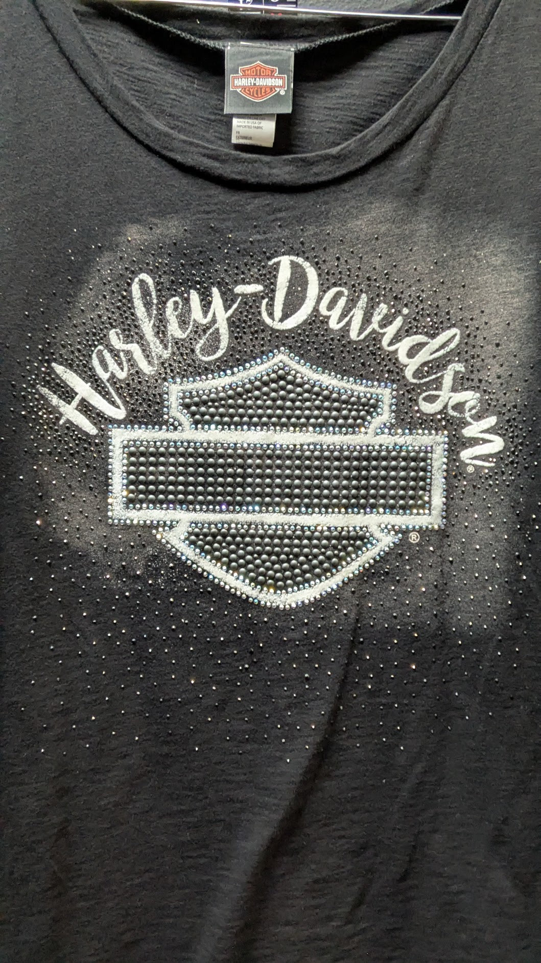 Harley Davidson Black Rhinestone Studded Bar Shield T Shirt XL Women's 100% Cotton