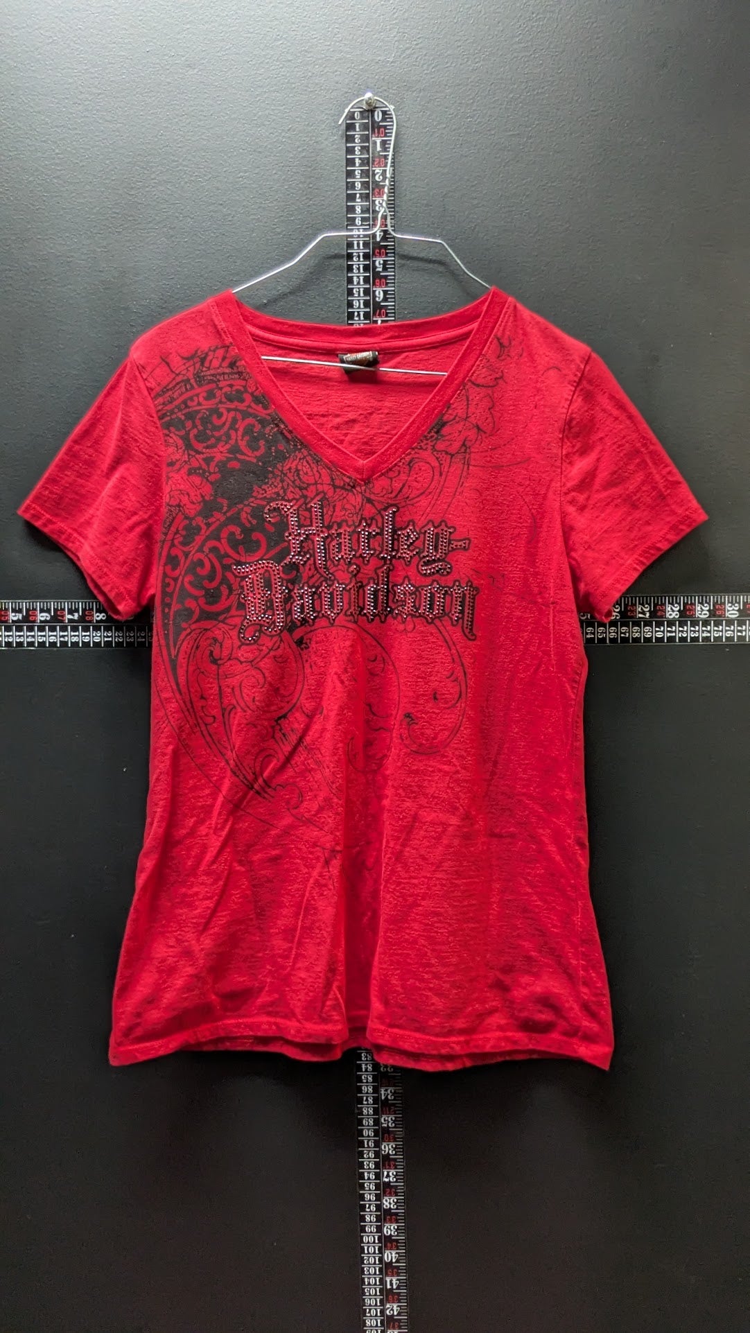 Harley-Davidson Women's Red Rhinestone V-Neck T-Shirt – Buckeye Dealer Graphic – Fits Large