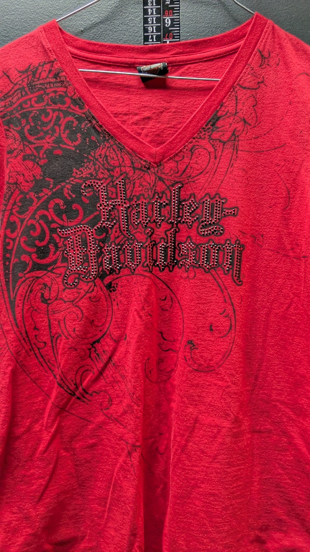 Harley-Davidson Women's Red Rhinestone V-Neck T-Shirt – Buckeye Dealer Graphic – Fits Large