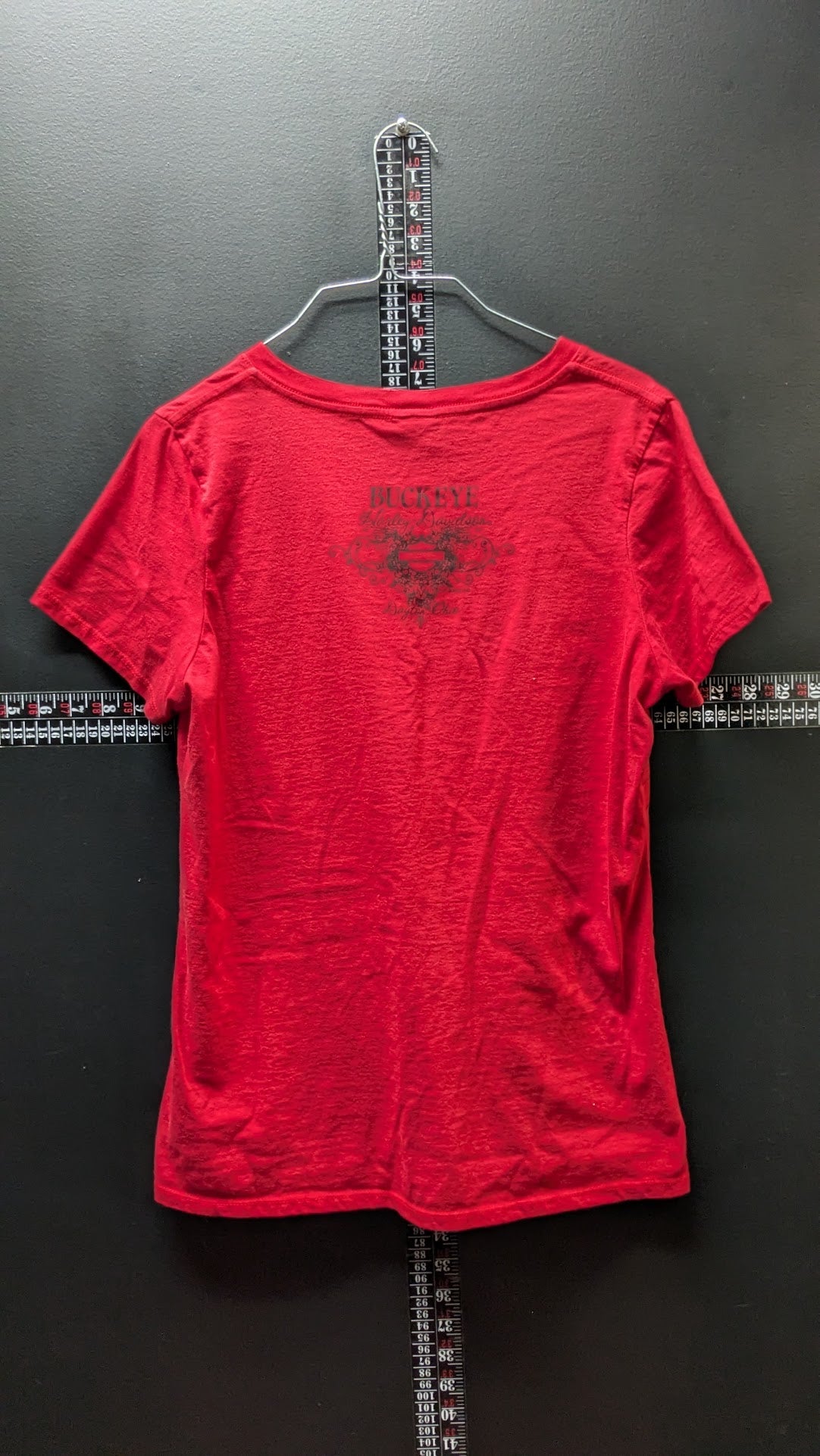 Harley-Davidson Women's Red Rhinestone V-Neck T-Shirt – Buckeye Dealer Graphic – Fits Large