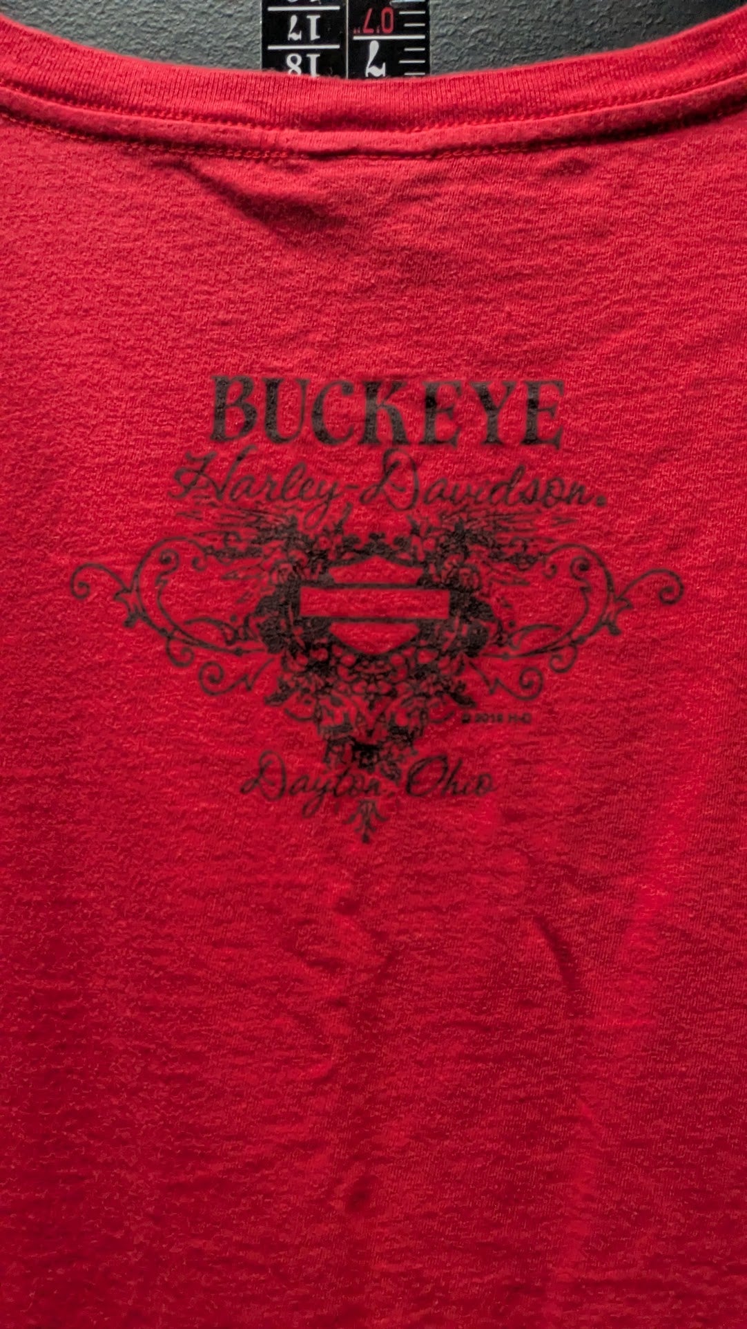 Harley-Davidson Women's Red Rhinestone V-Neck T-Shirt – Buckeye Dealer Graphic – Fits Large