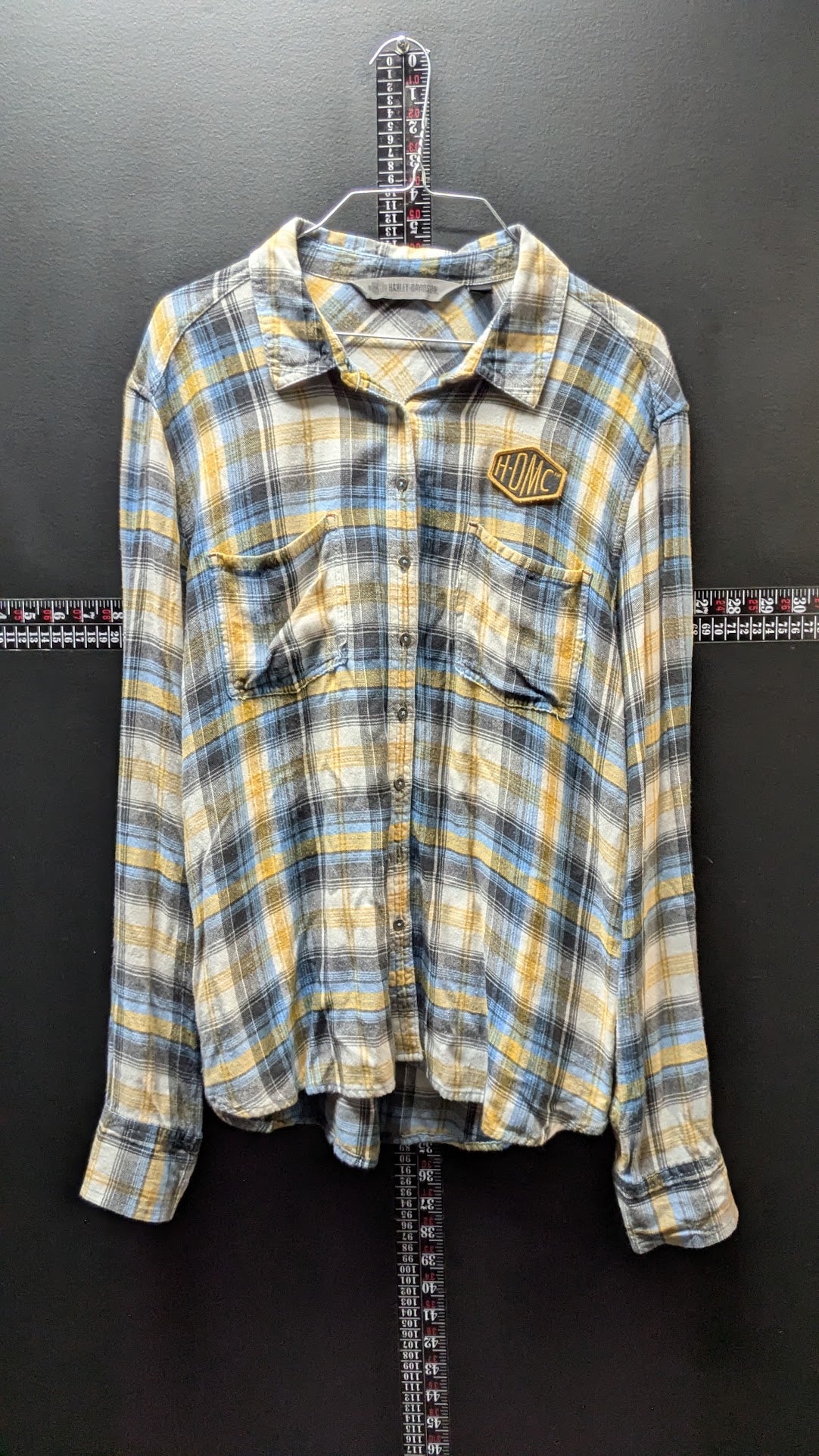Harley-Davidson Women's XL Plaid Button-Up Shirt – Blue Yellow Gray 100% Rayon