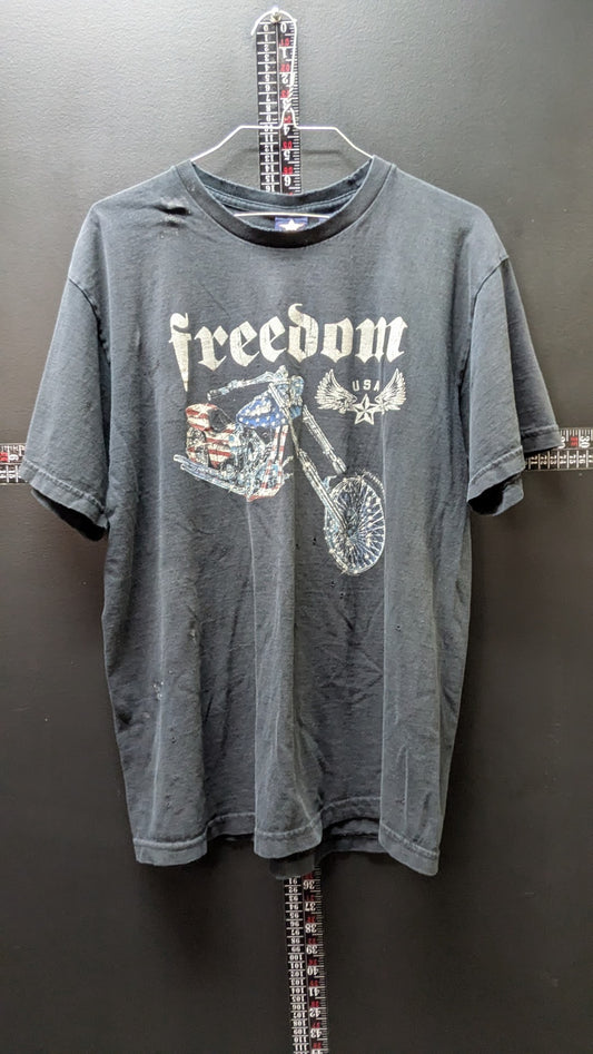 THRASHED Freedom USA Patriotic Chopper Graphic T-Shirt Men's Large Distressed Black
