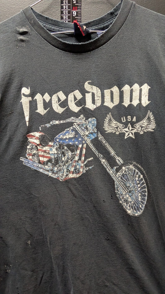 THRASHED Freedom USA Patriotic Chopper Graphic T-Shirt Men's Large Distressed Black