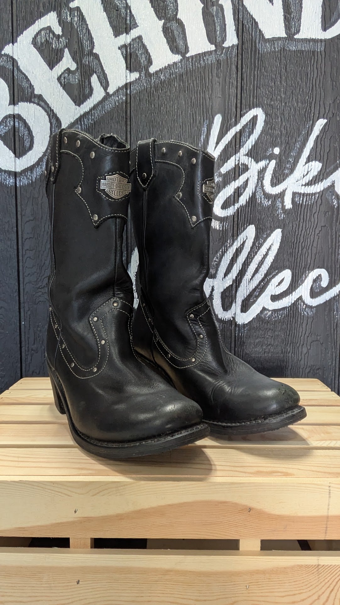 Harley-Davidson Black Leather Studded Harness Riding Boots – Women's Size 9
