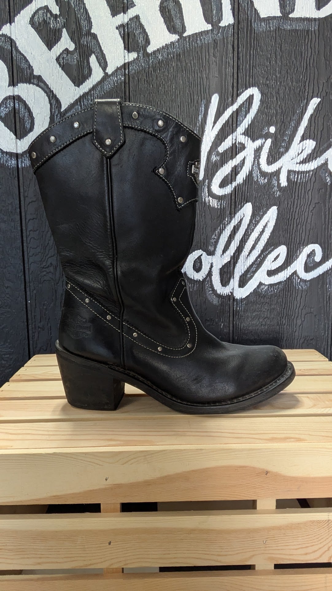 Harley-Davidson Black Leather Studded Harness Riding Boots – Women's Size 9