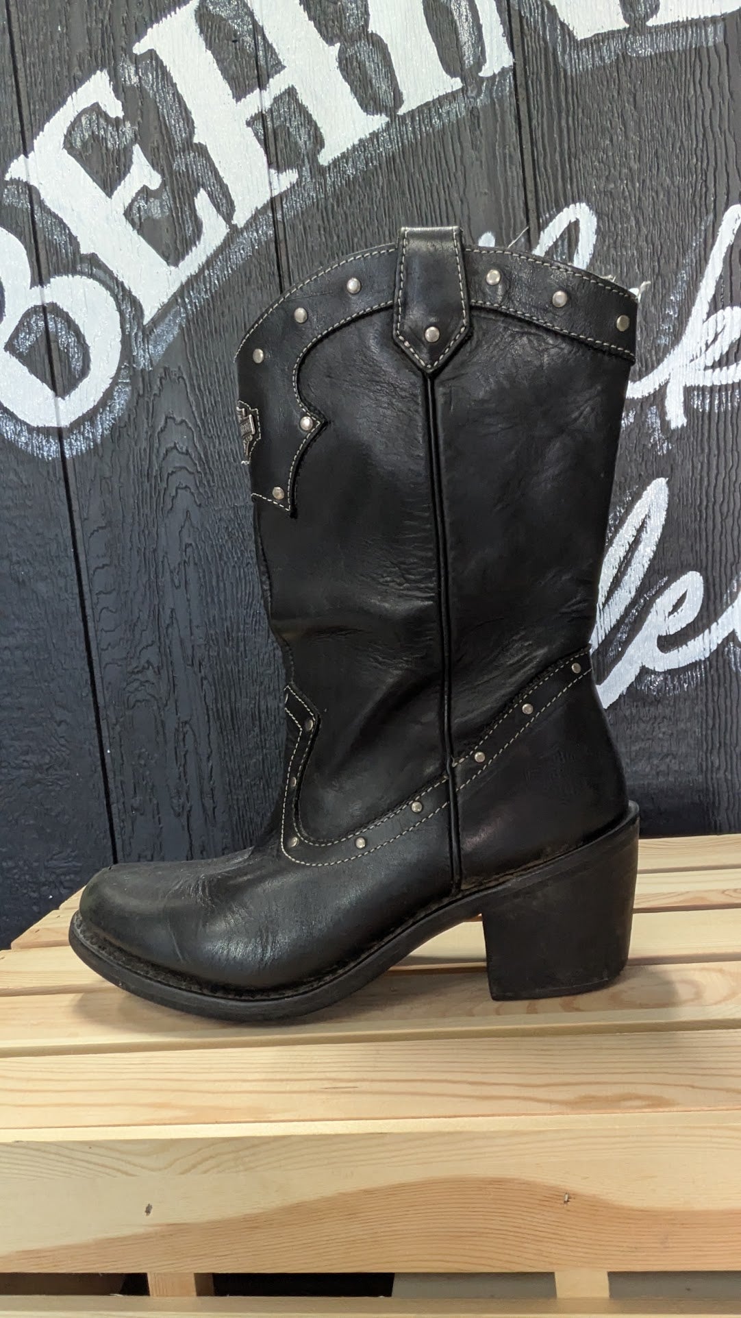 Harley-Davidson Black Leather Studded Harness Riding Boots – Women's Size 9