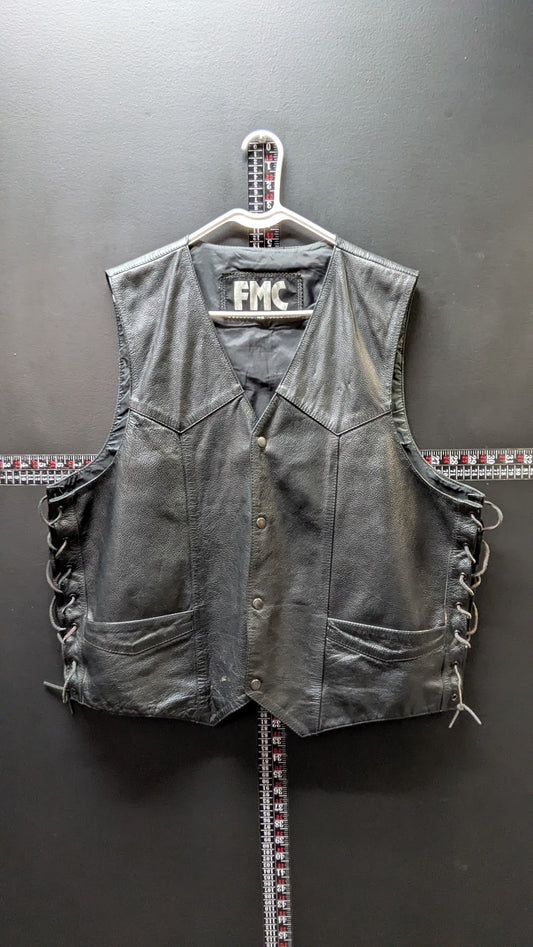 Vintage FMC Black Leather Motorcycle Vest Men’s Size 48 Harley-Davidson Eagle Patch Lace-Up Sides