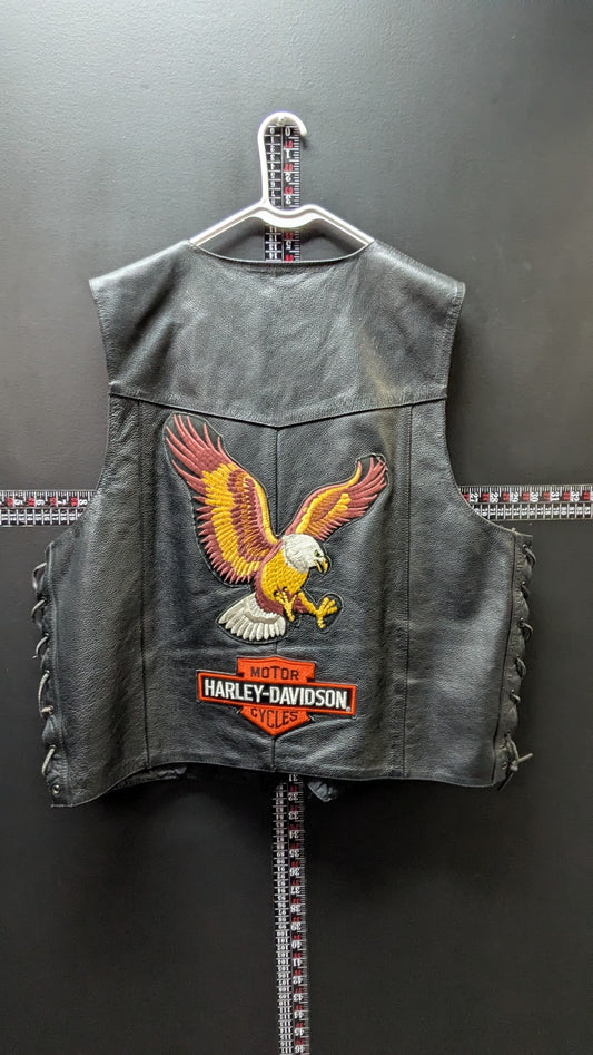 Vintage FMC Black Leather Motorcycle Vest Men’s Size 48 Harley-Davidson Eagle Patch Lace-Up Sides