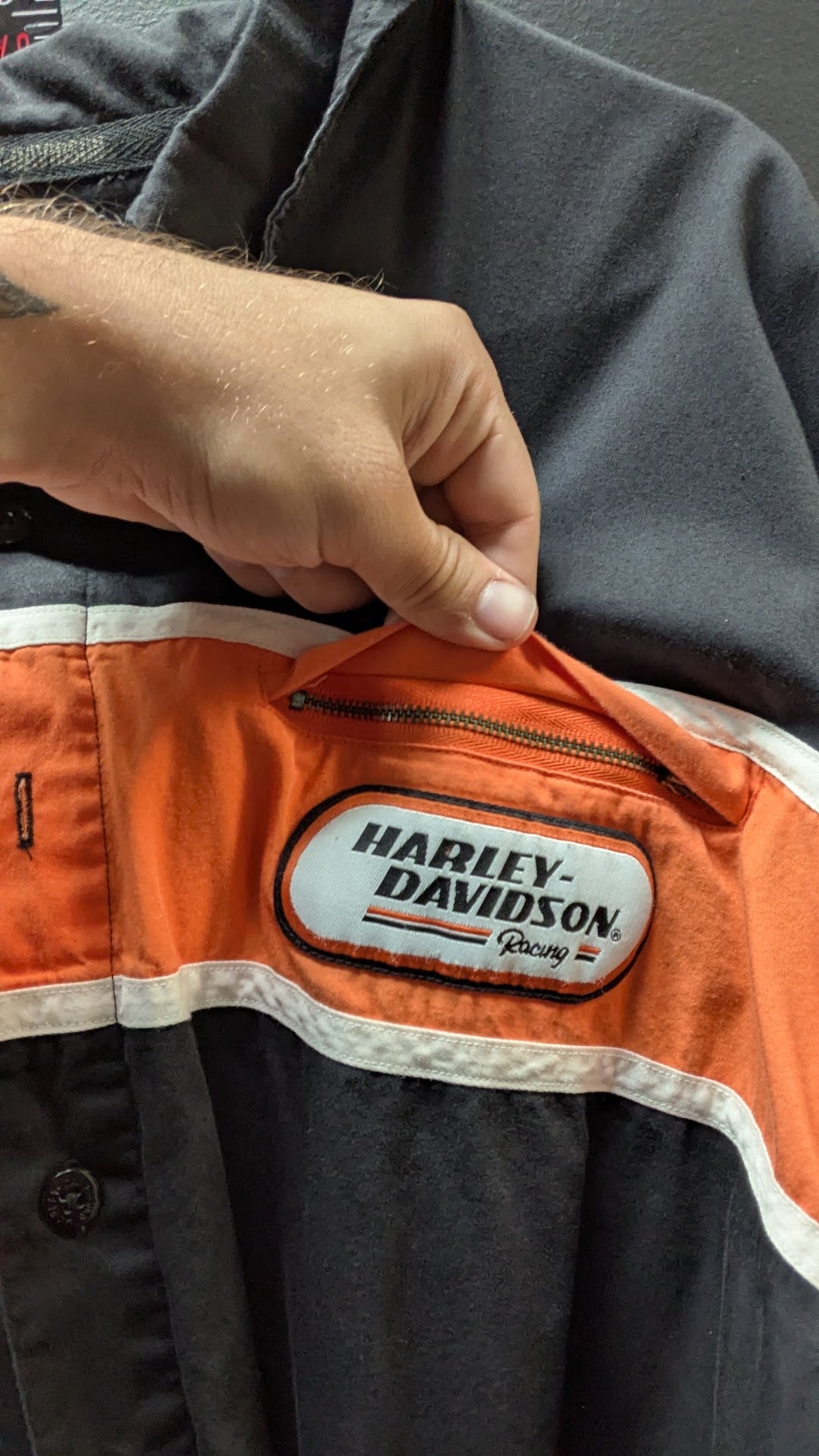 Vintage Harley-Davidson MotorClothes Men's Long Sleeve Shirt Black Orange Racing Stripe