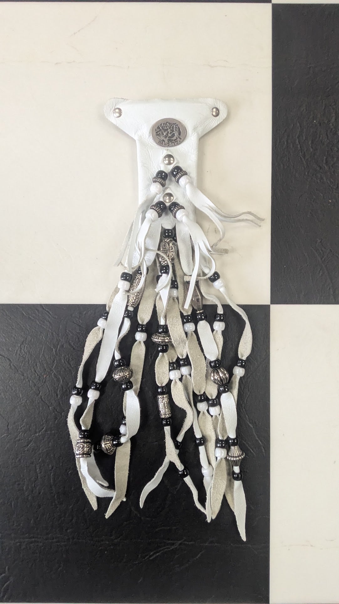 White Leather Motorcycle Hair Barrette Beaded Fringe Biker Accessory