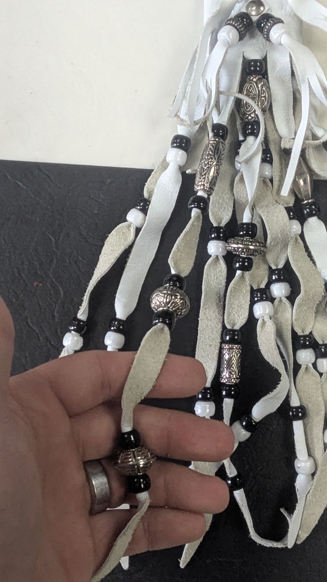 White Leather Motorcycle Hair Barrette Beaded Fringe Biker Accessory