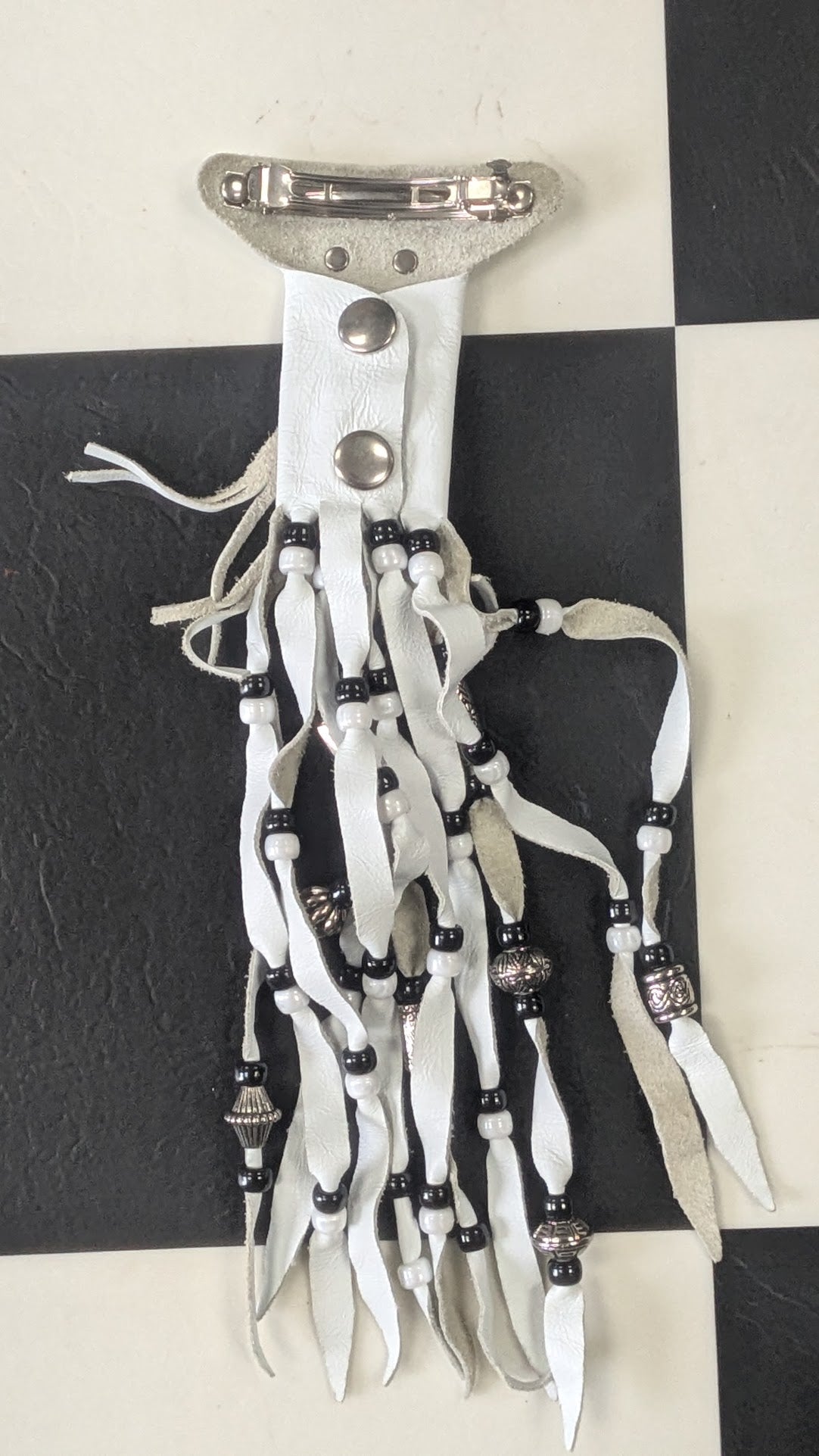 White Leather Motorcycle Hair Barrette Beaded Fringe Biker Accessory