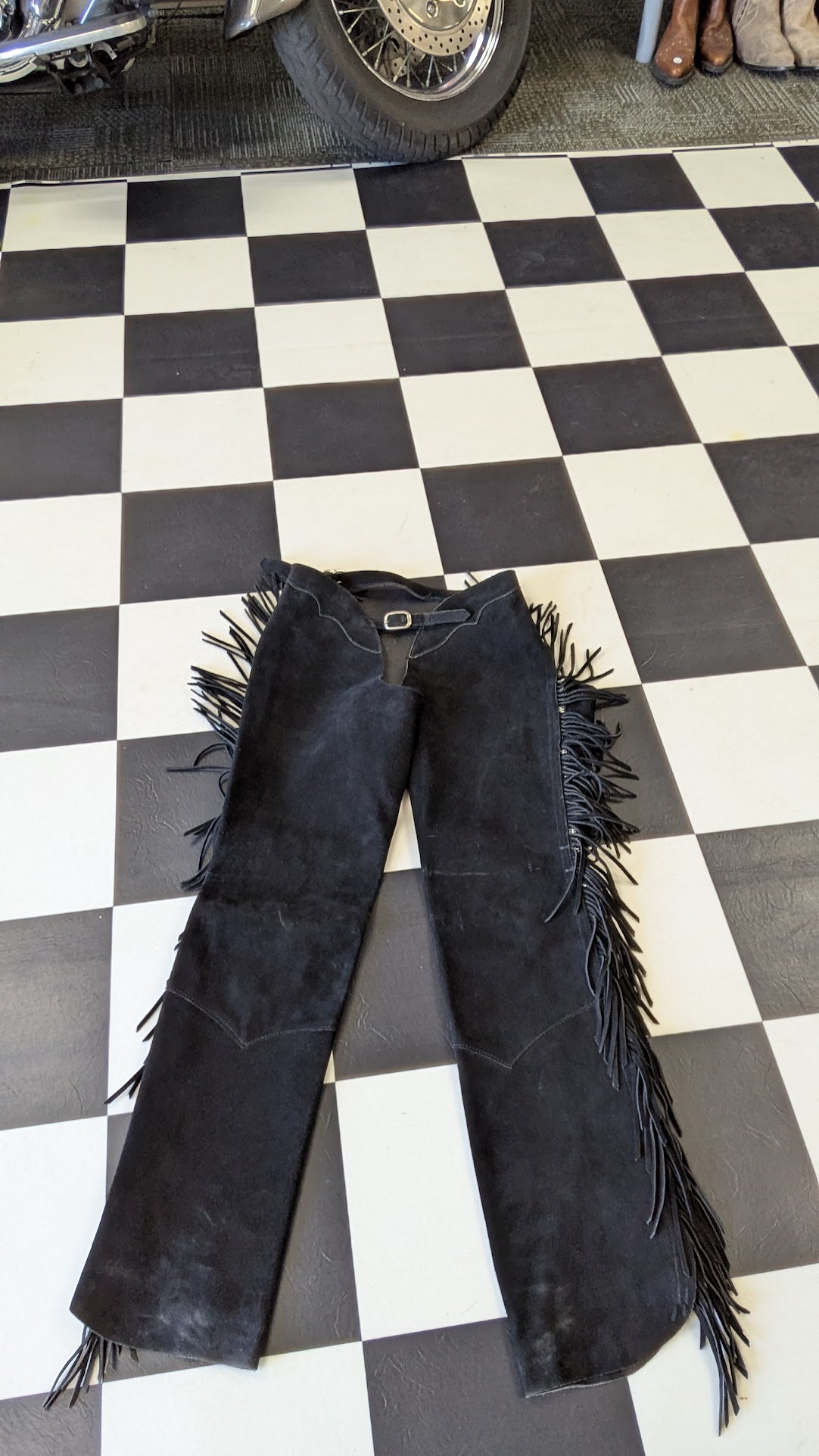 Fringed Suede Leather Motorcycle Chaps – Born to Ride – Size XS