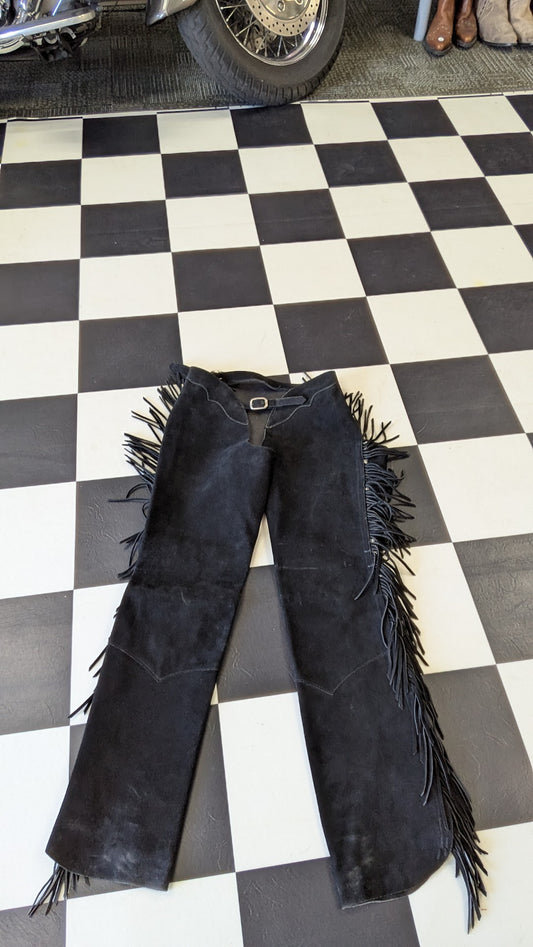 Fringed Suede Leather Motorcycle Chaps – Born to Ride – Size XS