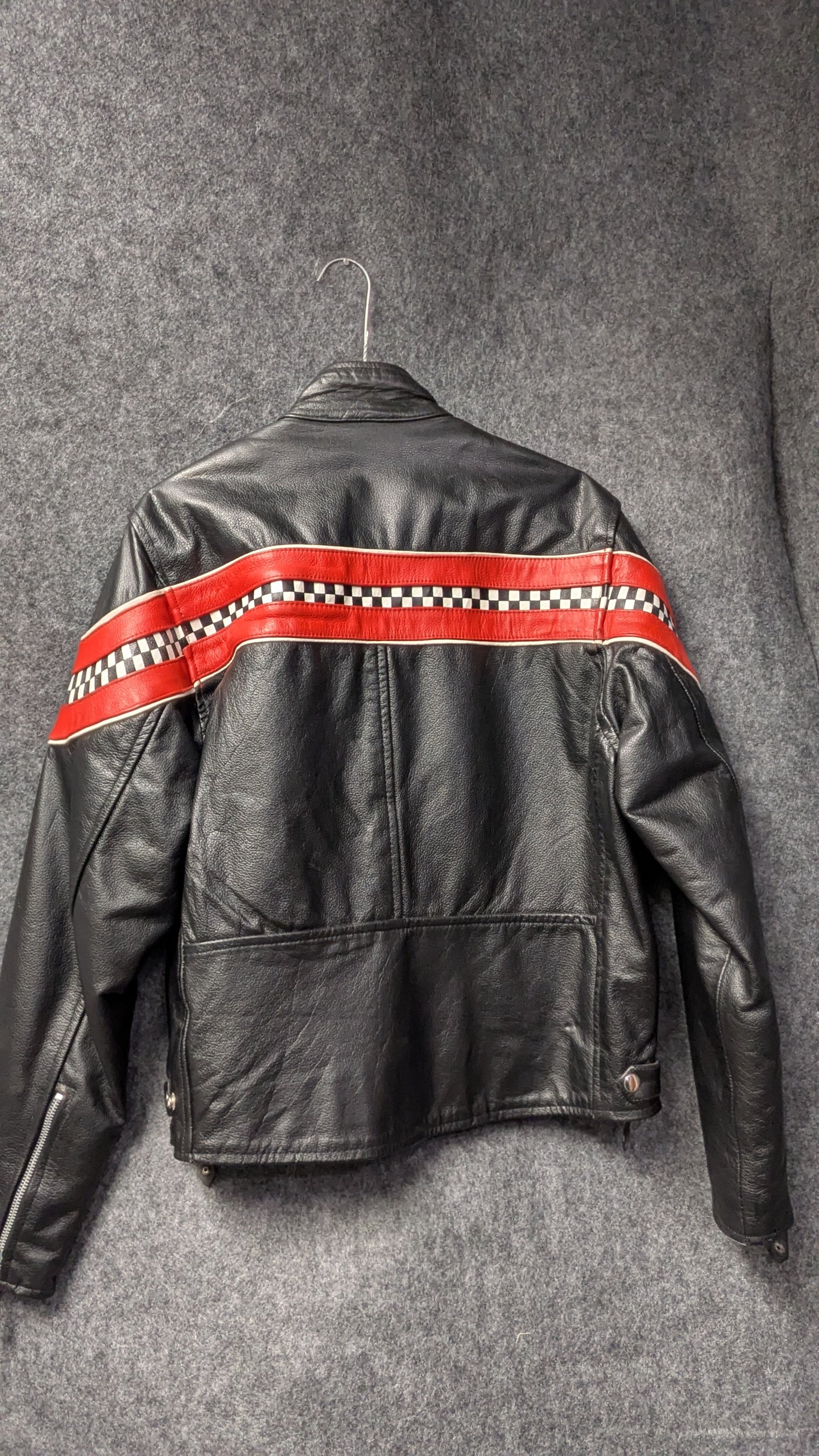 Vintage Black Leather Racing Jacket – Orange & Checker Stripe Detail