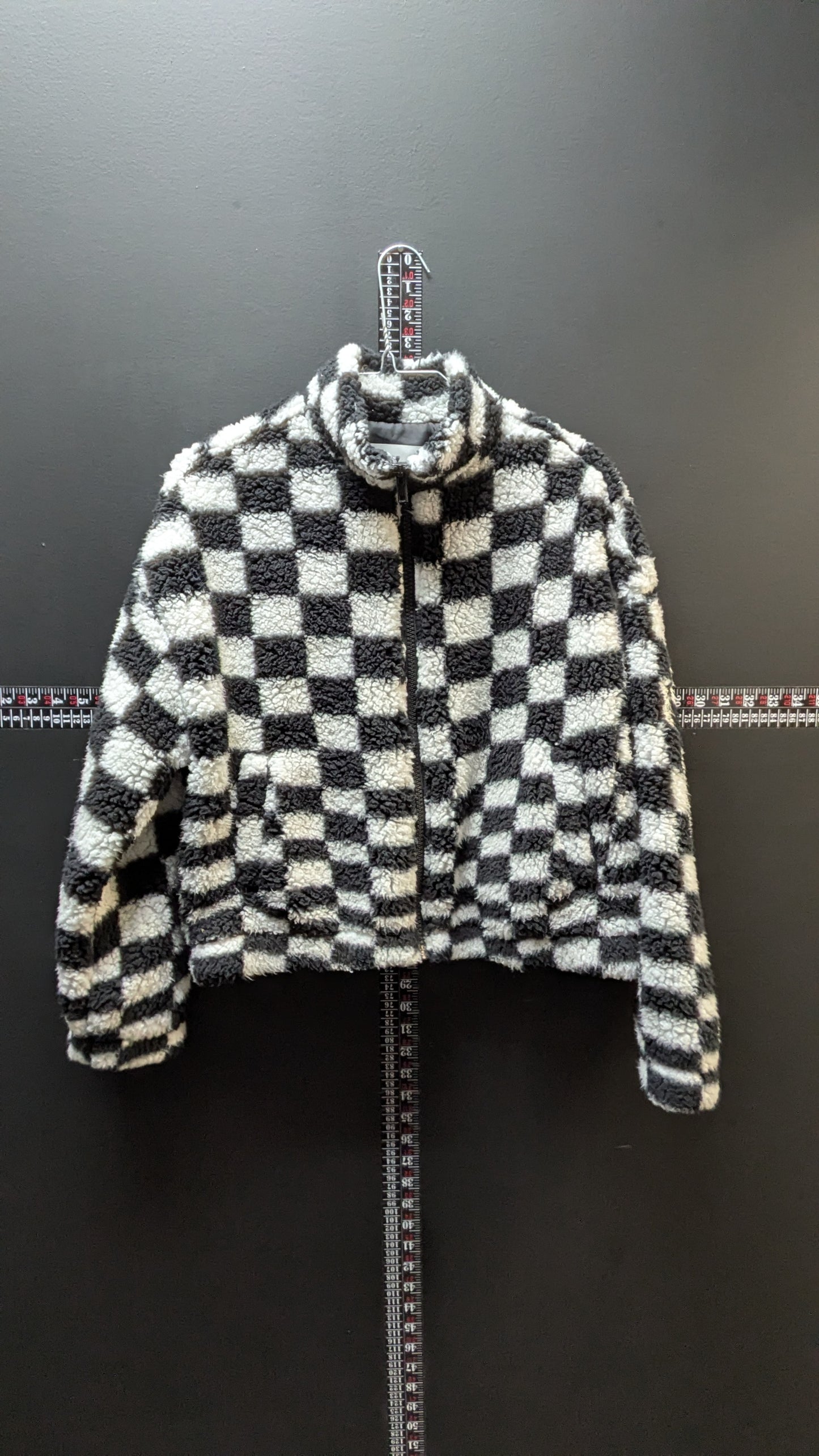 Black and White Checkered Cropped Women's Sherpa Coat - Small