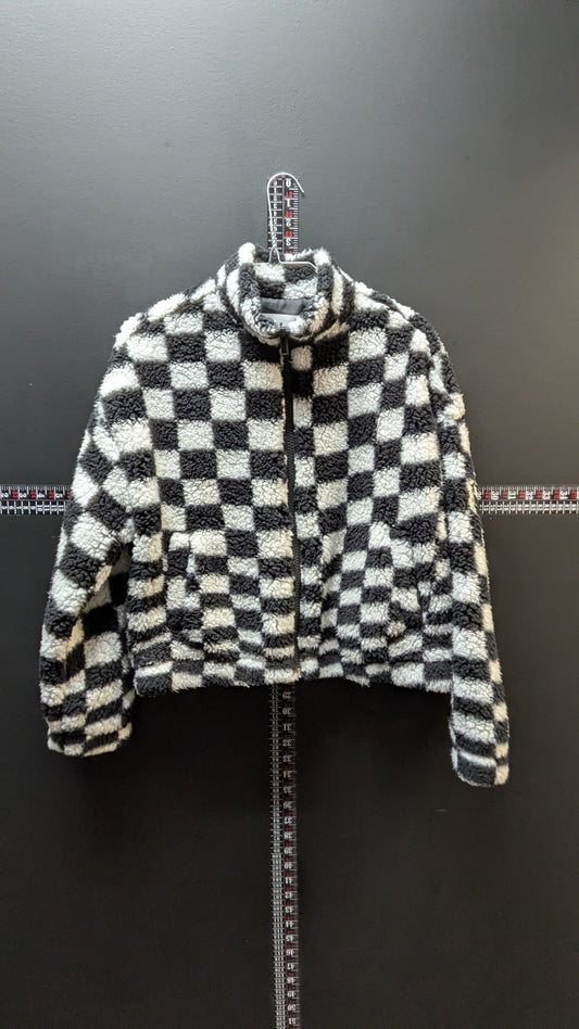 Black and White Checkered Cropped Women's Sherpa Coat - Small