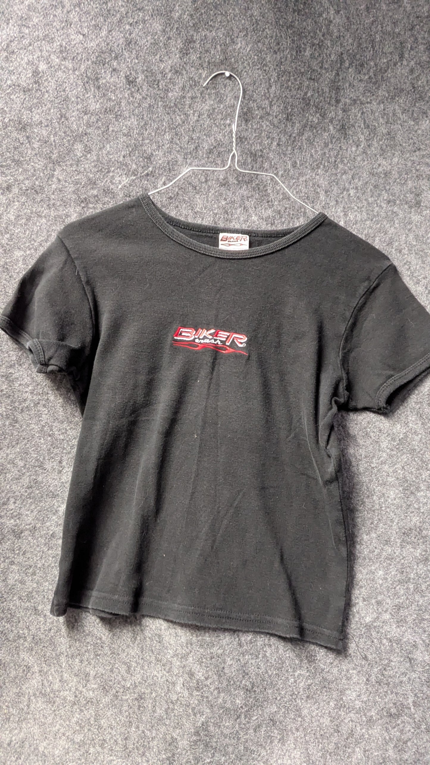 Vintage Biker Wear Black Baby Tee – Red Flame Logo