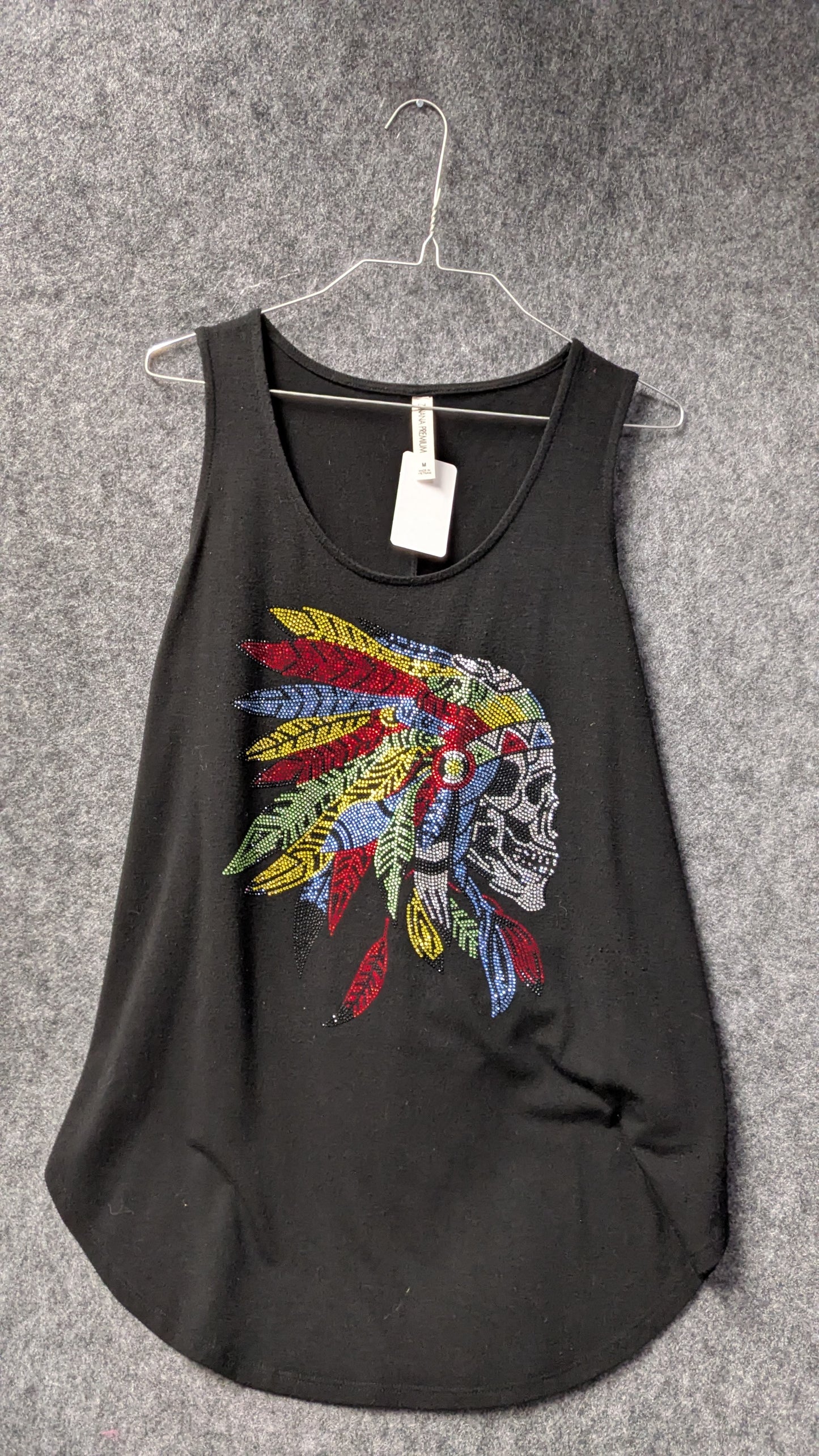 Women’s Rhinestone Feathered Skull Tank – Size M