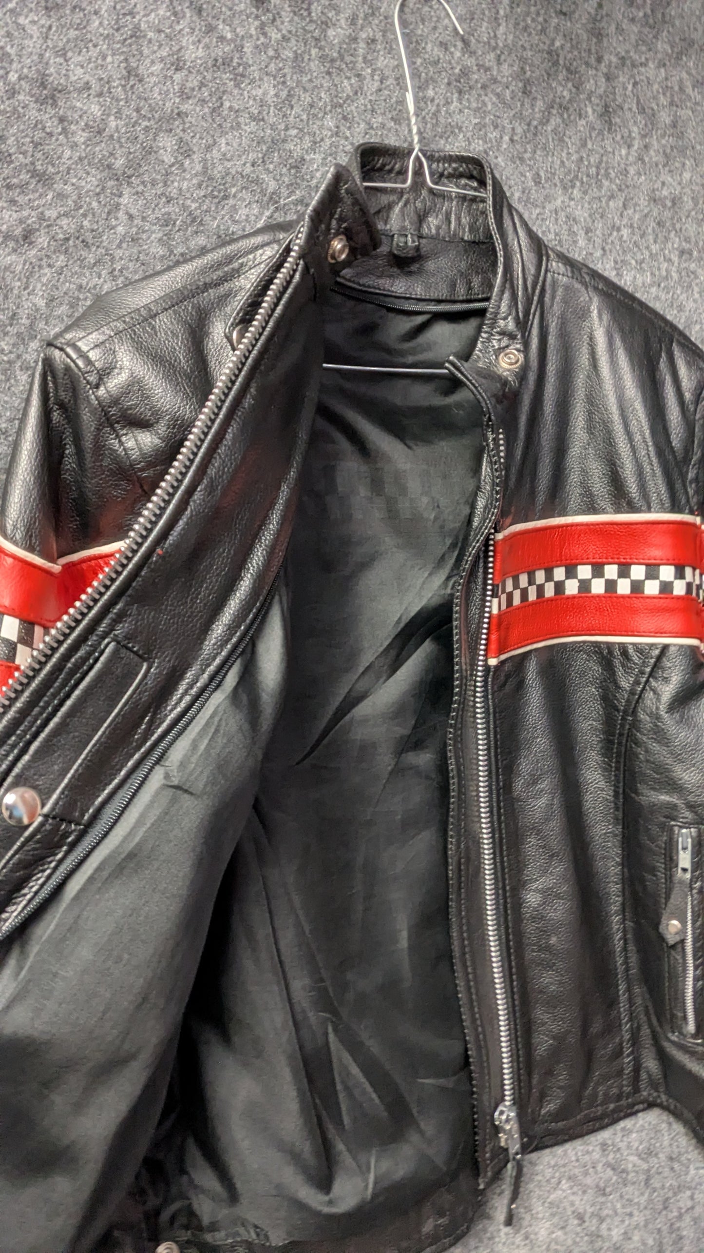 Vintage Black Leather Racing Jacket – Orange & Checker Stripe Detail