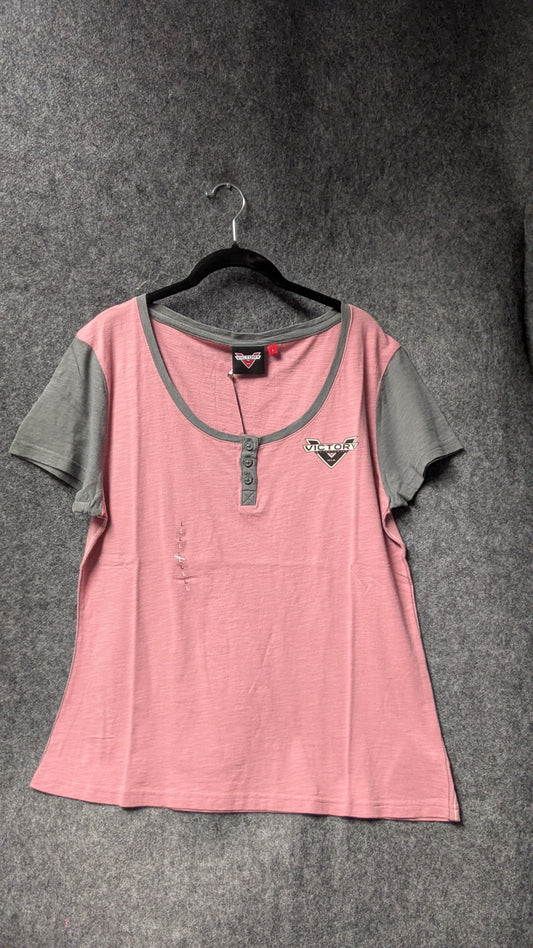 Victory Motorcycles Women’s Henley Scoop Tee – Pink & Grey Contrast – Size L (NWT)