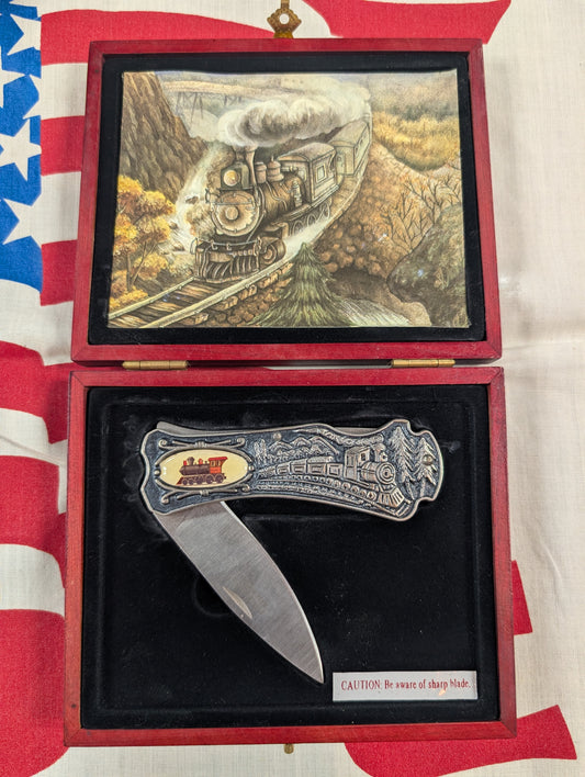 Franklin Mint train knife in wood box