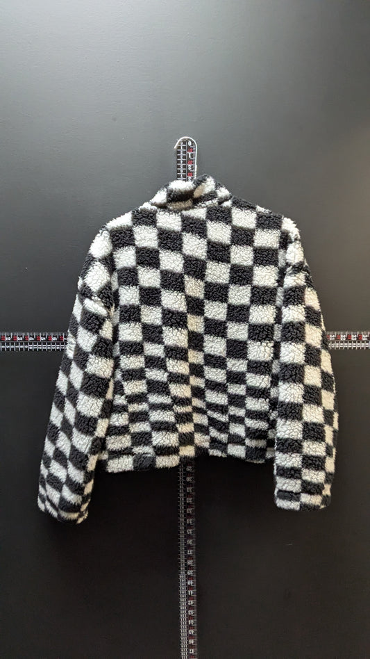 Black and White Checkered Cropped Women's Sherpa Coat - Small