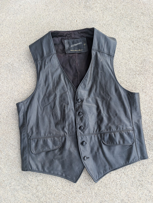 Vintage JCPenney Black Leather Vest – Size 44 Regular