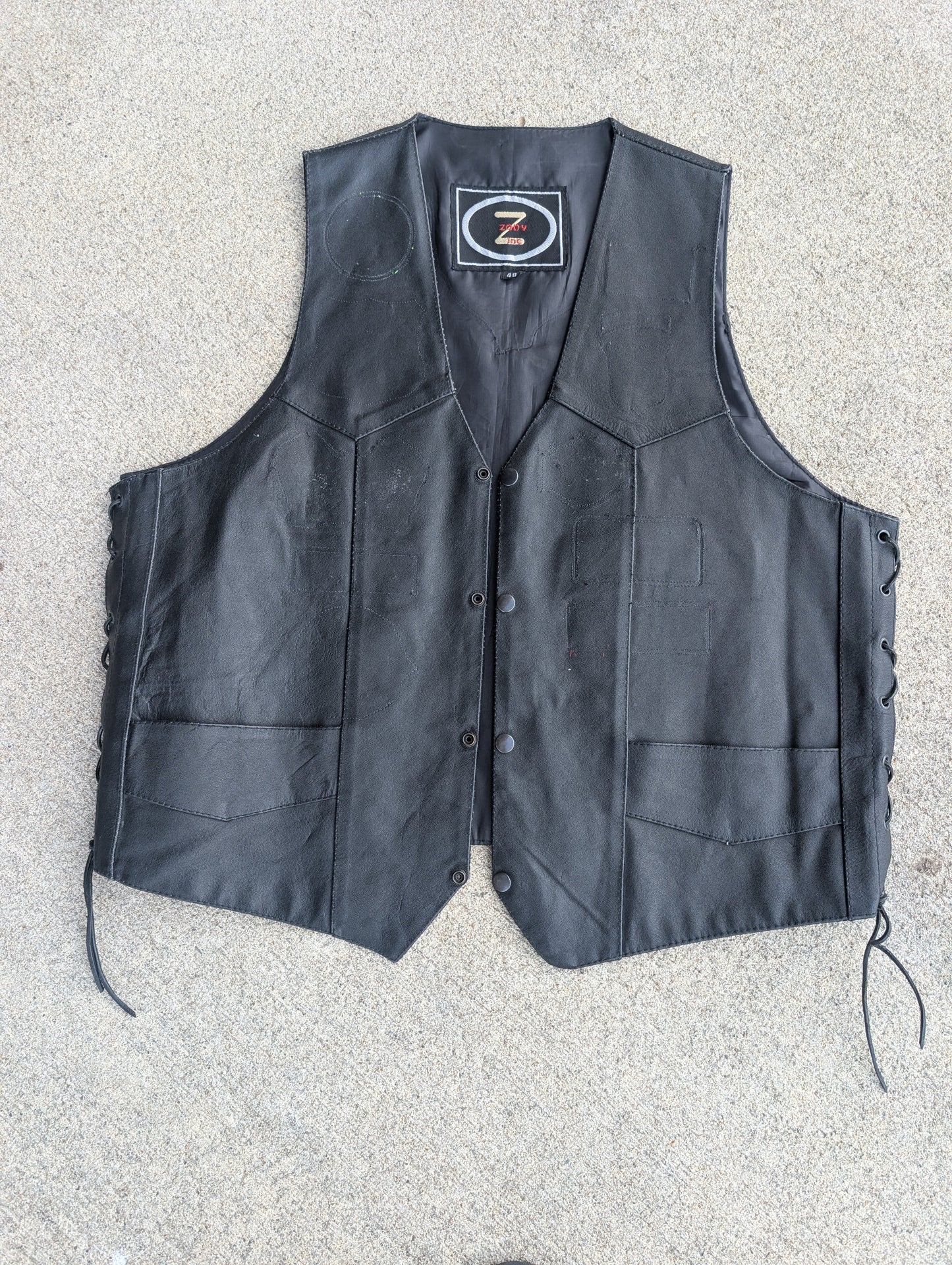 Black Genuine Leather Side Lace Motorcycle Vest (Size 48 / XL)