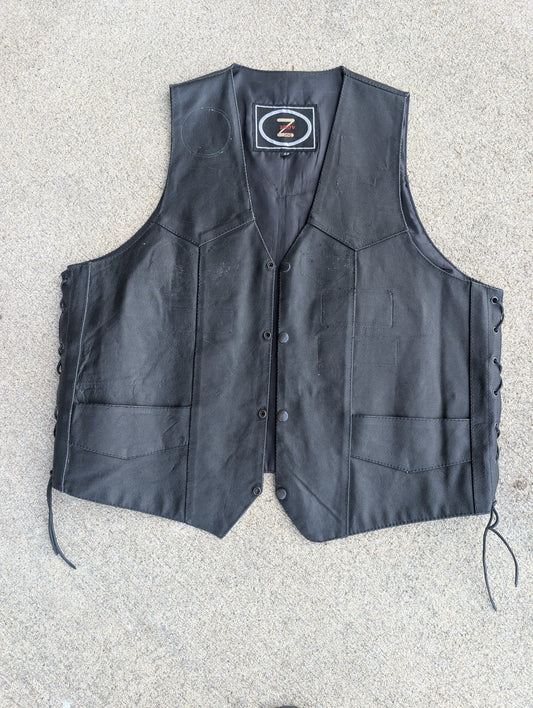Black Genuine Leather Side Lace Motorcycle Vest (Size 48 / XL)