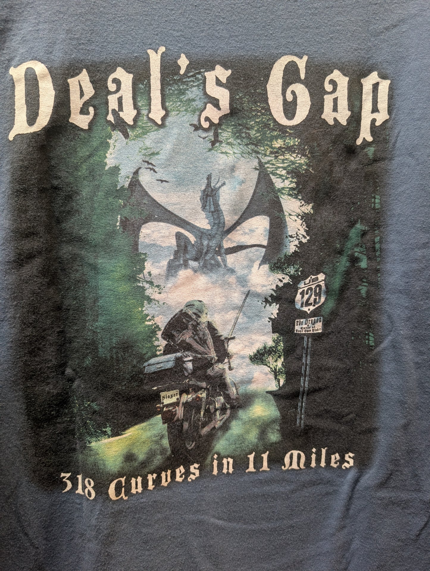Deals Gap Tail of the Dragon T-Shirt Blue Motorcycle Graphic 318 Curves Adult Large