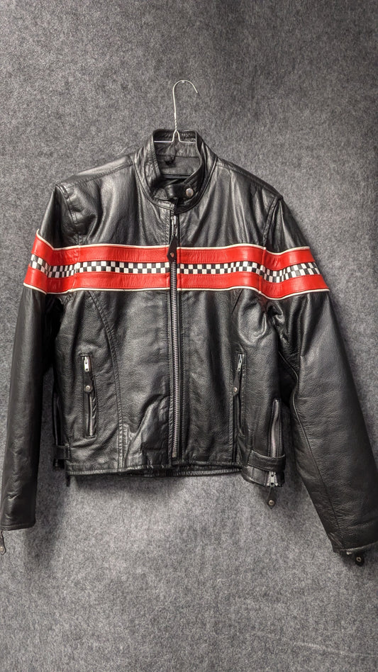 Vintage Black Leather Racing Jacket – Orange & Checker Stripe Detail